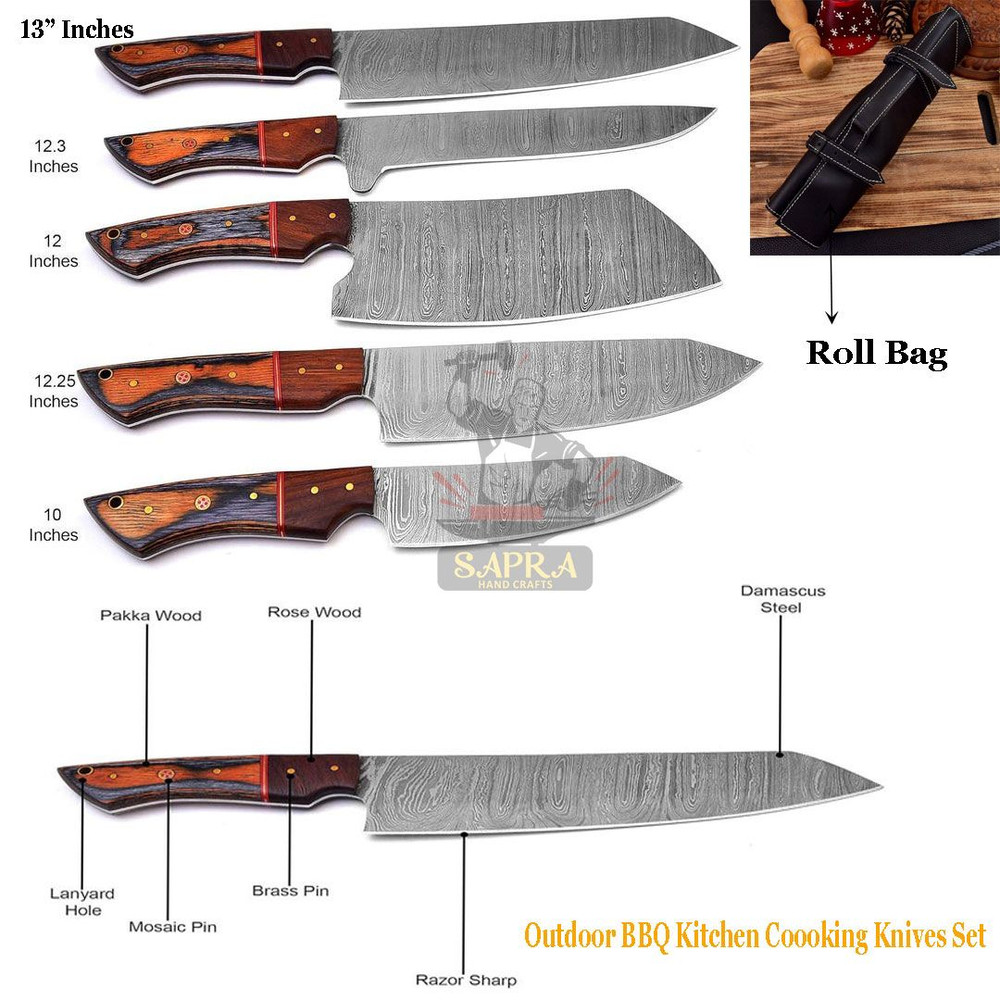 HandmadeForgedDamascusKitchenKnifeSetLeatherRollBag 2