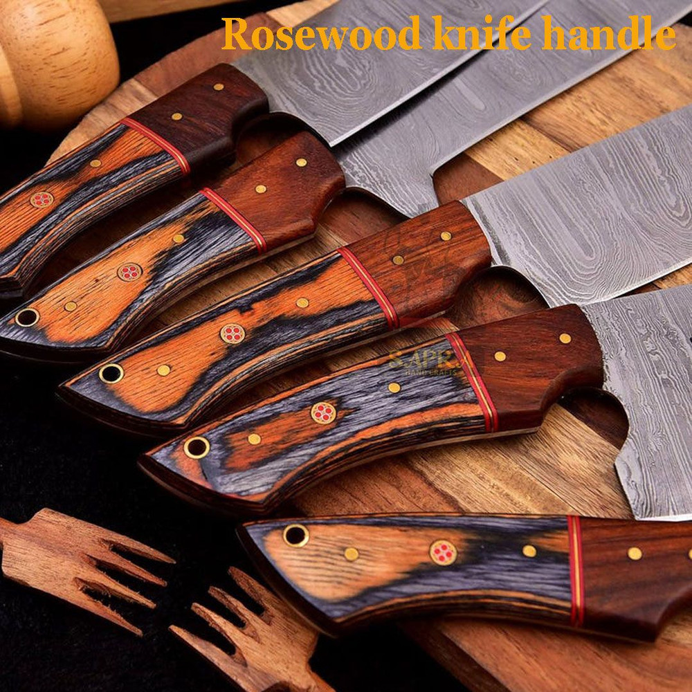 HandmadeForgedDamascusKitchenKnifeSetLeatherRollBag 9