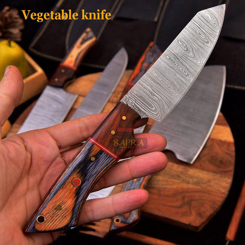 HandmadeForgedDamascusKitchenKnifeSetLeatherRollBag 10