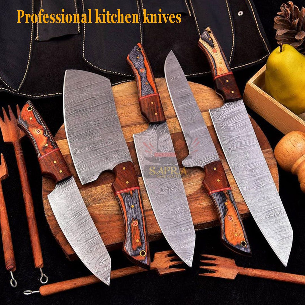 HandmadeForgedDamascusKitchenKnifeSetLeatherRollBag 8