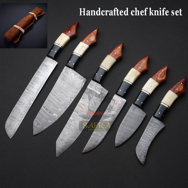 Handcrafteddamascussteelkitchenknifesetleatherrollbag 0