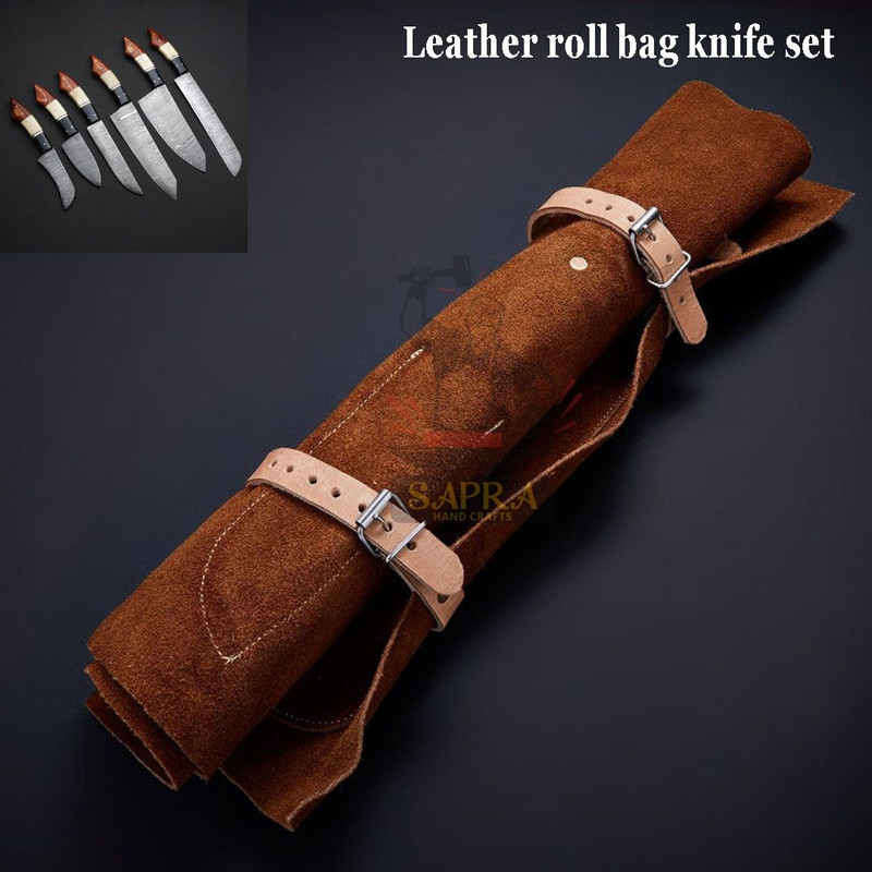 Handcrafteddamascussteelkitchenknifesetleatherrollbag 3