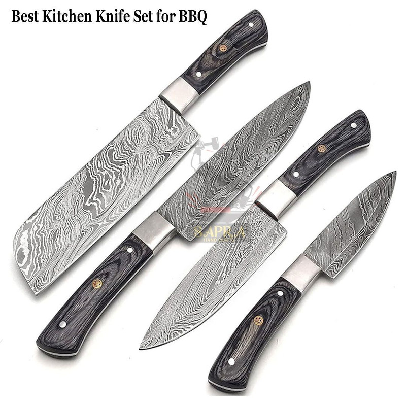 Handmade Forged Damascus Steel BBQ Kitchen Knife Set With Leather Roll Bag 4