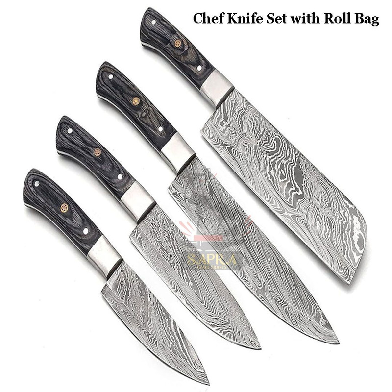 Handmade Forged Damascus Steel BBQ Kitchen Knife Set With Leather Roll Bag 0