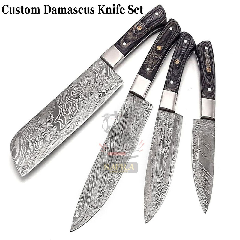 Handmade Forged Damascus Steel BBQ Kitchen Knife Set With Leather Roll Bag 5