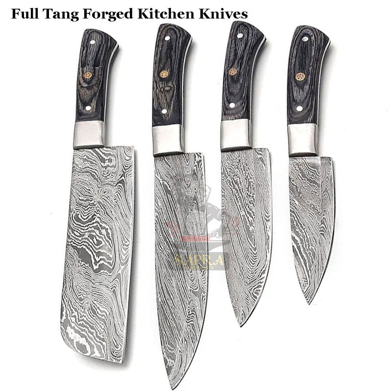 Handmade Forged Damascus Steel BBQ Kitchen Knife Set With Leather Roll Bag 6