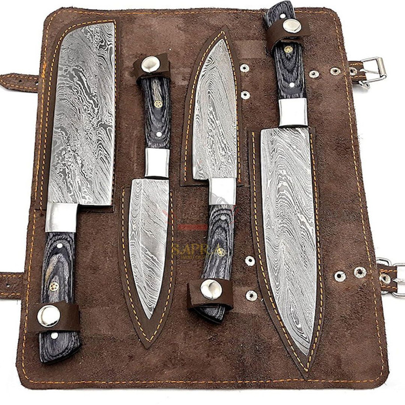 Handmade Forged Damascus Steel BBQ Kitchen Knife Set With Leather Roll Bag 2