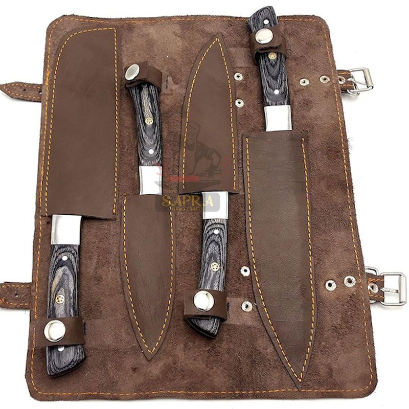 Handmade Forged Damascus Steel BBQ Kitchen Knife Set With Leather Roll Bag 3