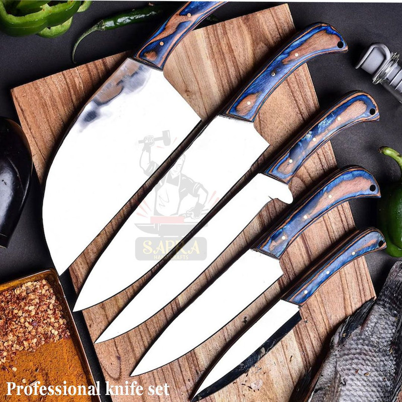 Custom Handmade J2 Steel Chef Knife Set With Leather Roll Bag  5Piece Professional Knives 5
