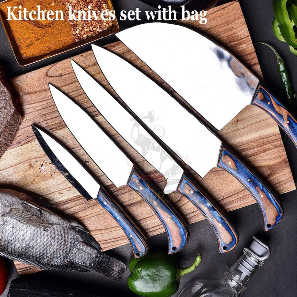 Custom Handmade J2 Steel Chef Knife Set With Leather Roll Bag  5Piece Professional Knives 4