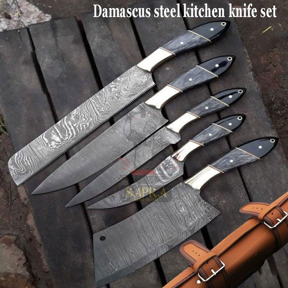 DamascusSteelKitchenKnifeSetLeatherRollBag 0