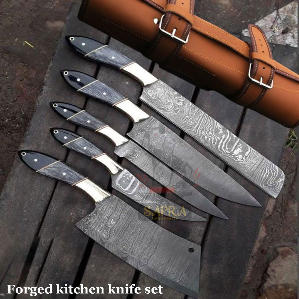 DamascusSteelKitchenKnifeSetLeatherRollBag 4