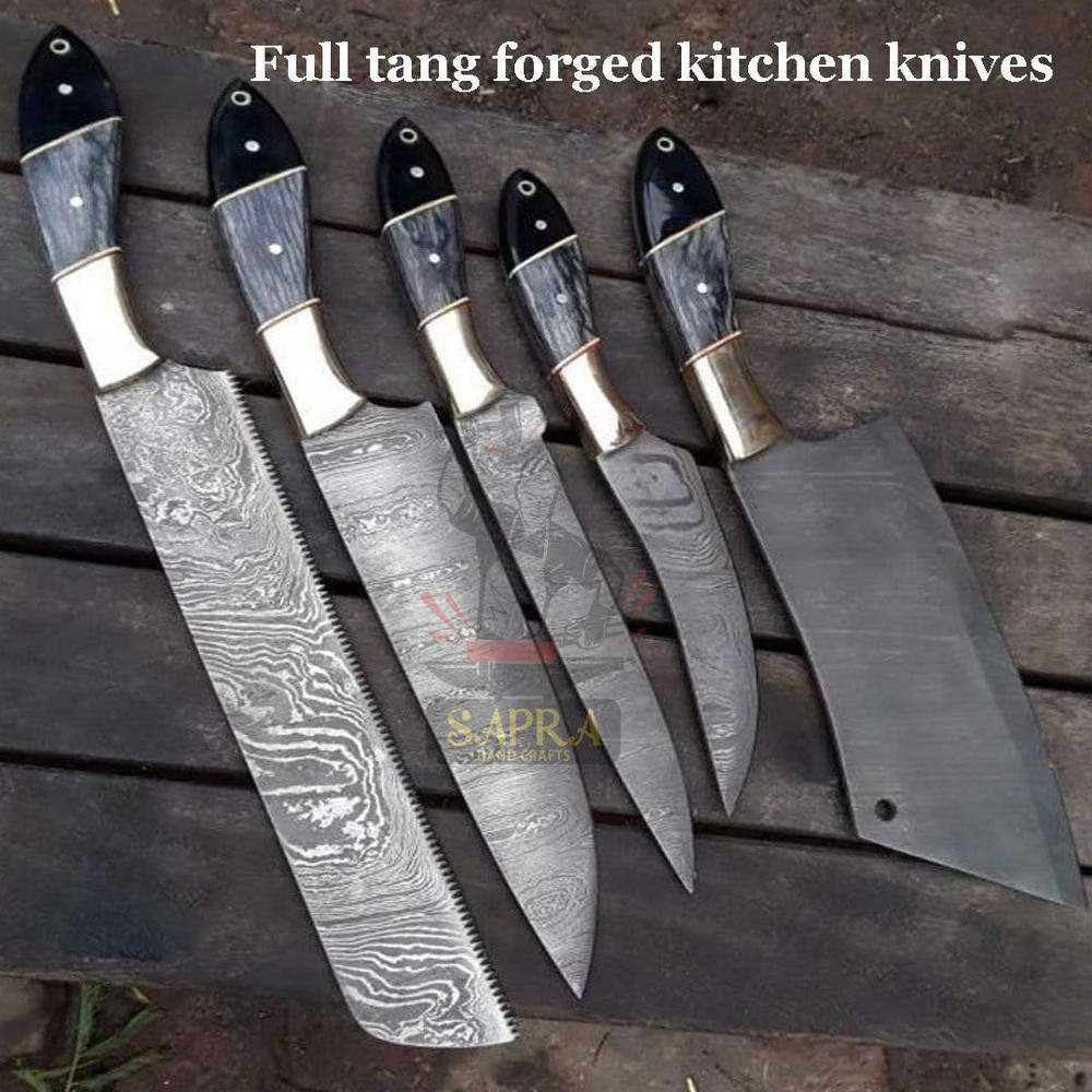 DamascusSteelKitchenKnifeSetLeatherRollBag 5