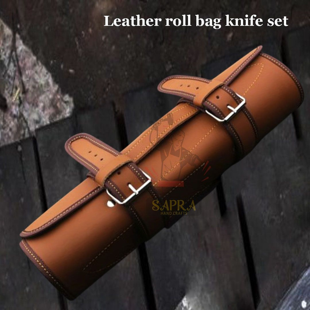 DamascusSteelKitchenKnifeSetLeatherRollBag 3