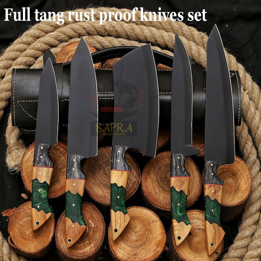 Handcrafted J2 Steel Chef Knife Set Professional Kitchen Knives With Leather Roll Bag 4