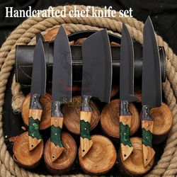 handcrafted j2 steel chef knife set – professional kitchen knives with leather roll bag