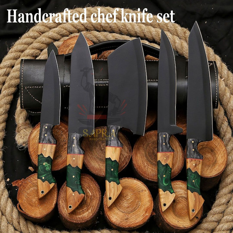 Handcrafted J2 Steel Chef Knife Set Professional Kitchen Knives With Leather Roll Bag 0
