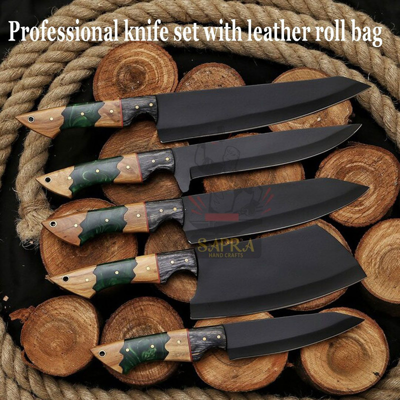 Handcrafted J2 Steel Chef Knife Set Professional Kitchen Knives With Leather Roll Bag 5