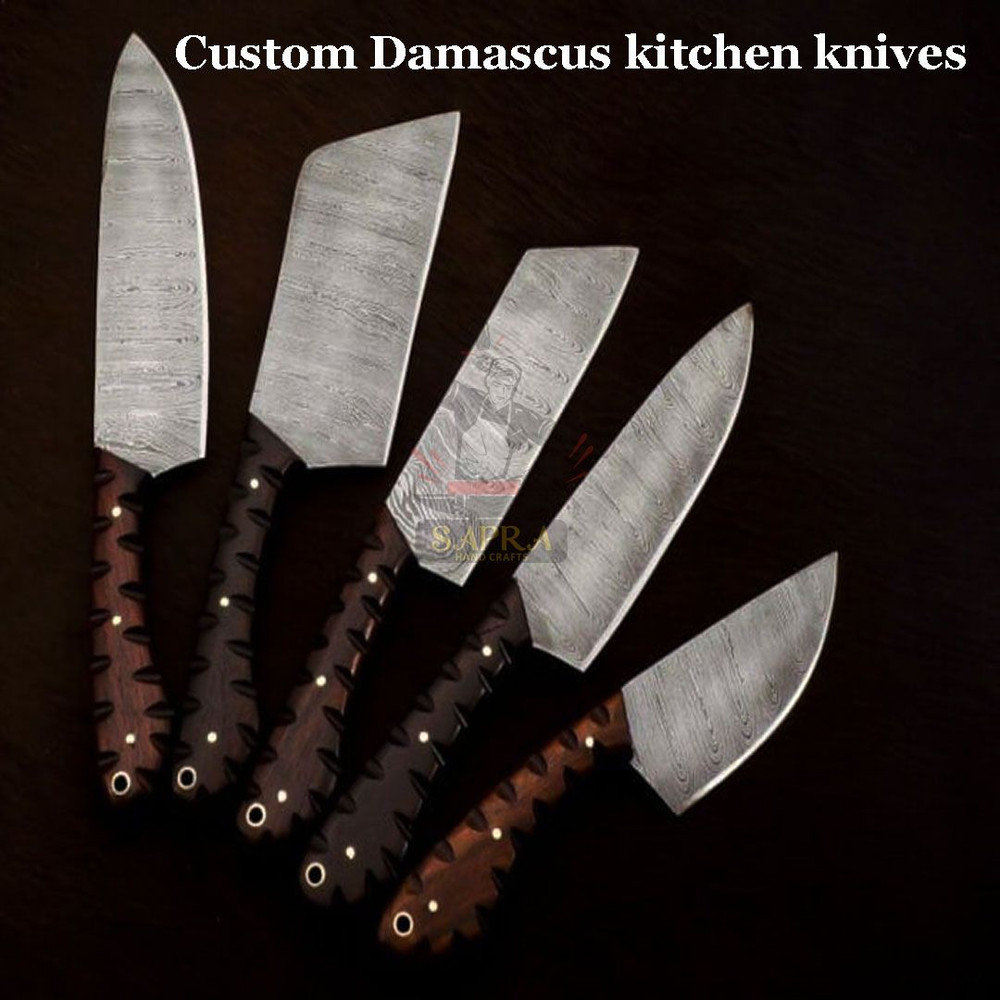 5Piece Handmade Damascus Steel Chef Knife Set Leather Roll Bag 3