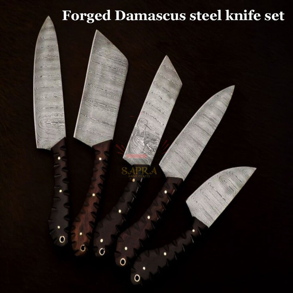 5Piece Handmade Damascus Steel Chef Knife Set Leather Roll Bag 4