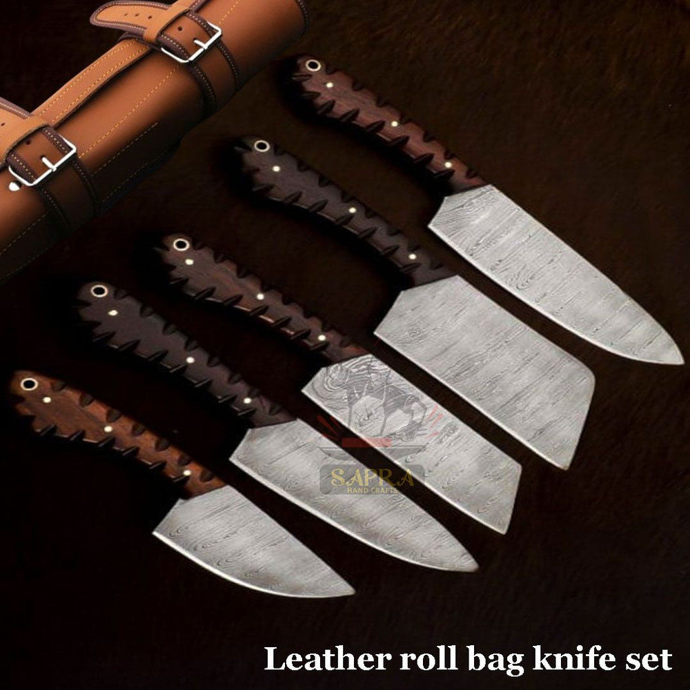 5Piece Handmade Damascus Steel Chef Knife Set Leather Roll Bag 1