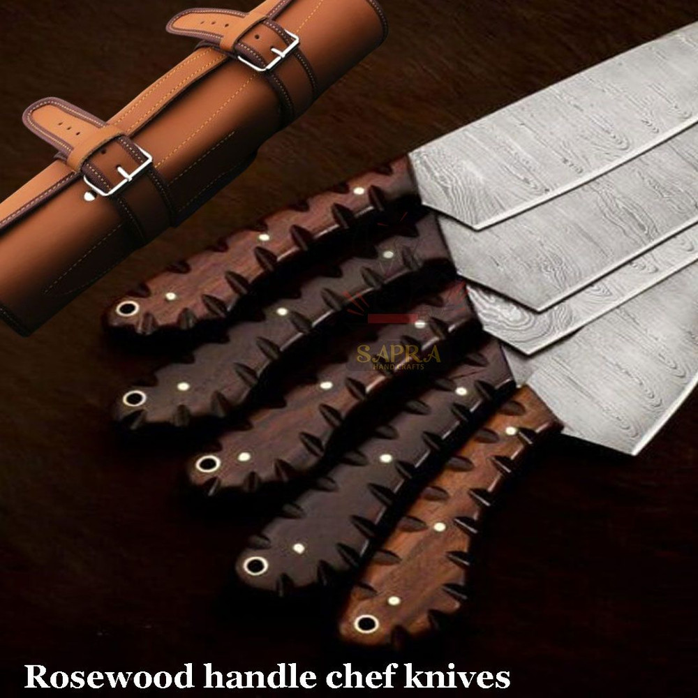 5Piece Handmade Damascus Steel Chef Knife Set Leather Roll Bag 5