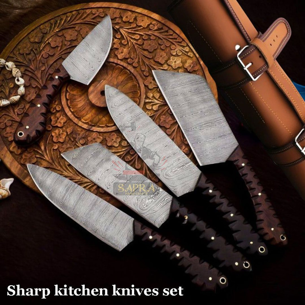5Piece Handmade Damascus Steel Chef Knife Set Leather Roll Bag 0