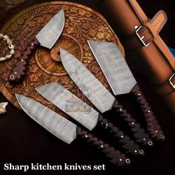 5-piece handmade damascus steel chef knife set | leather roll bag
