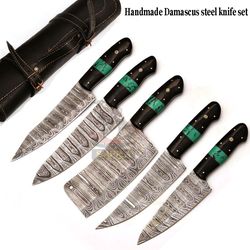 handmade forged twist pattern damascus steel kitchen knife set with roll bag