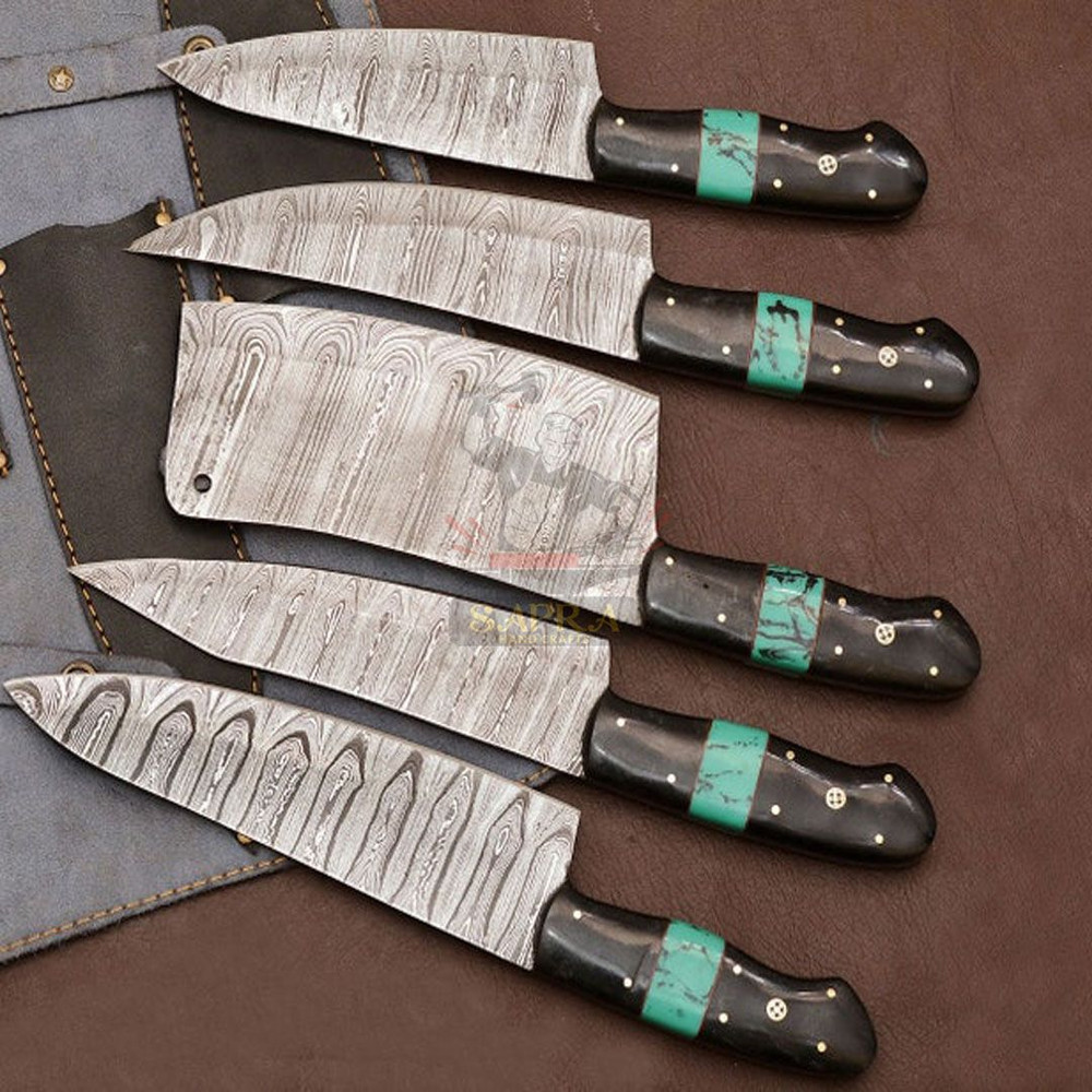 Handmade Forged Twist Pattern Damascus Steel Kitchen Knife Set With Roll Bag 7