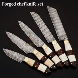 handmade forged fire pattern damascus steel chef knife set with leather roll bag