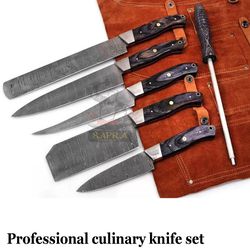 handmade damascus steel chef knife set with sharpener rod & leather roll bag