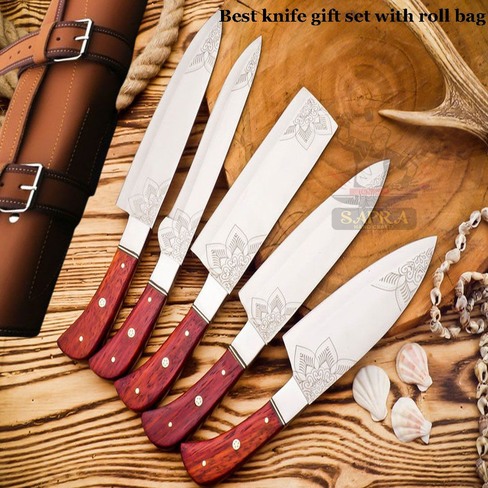 Handcrafted Forged J2 Steel Chef Knife Set  RustProof Full Tang Leather Roll Bag 4