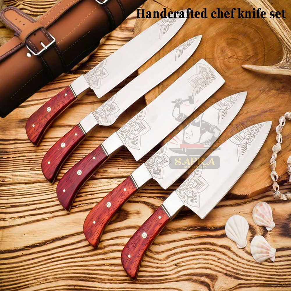 Handcrafted Forged J2 Steel Chef Knife Set  RustProof Full Tang Leather Roll Bag 1