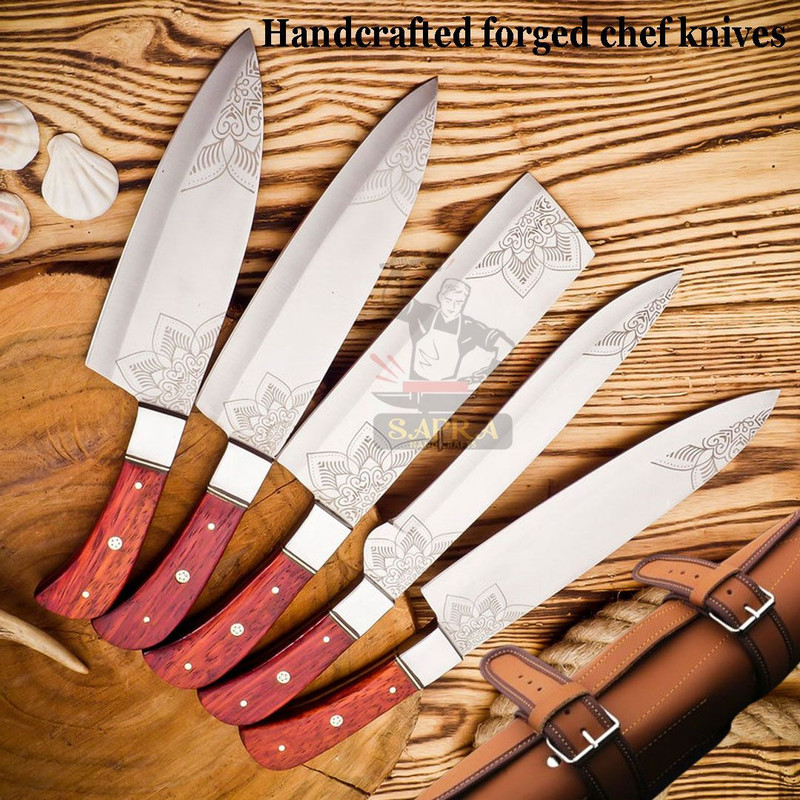 Handcrafted Forged J2 Steel Chef Knife Set  RustProof Full Tang Leather Roll Bag 5
