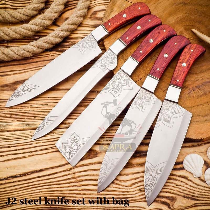 Handcrafted Forged J2 Steel Chef Knife Set  RustProof Full Tang Leather Roll Bag 0