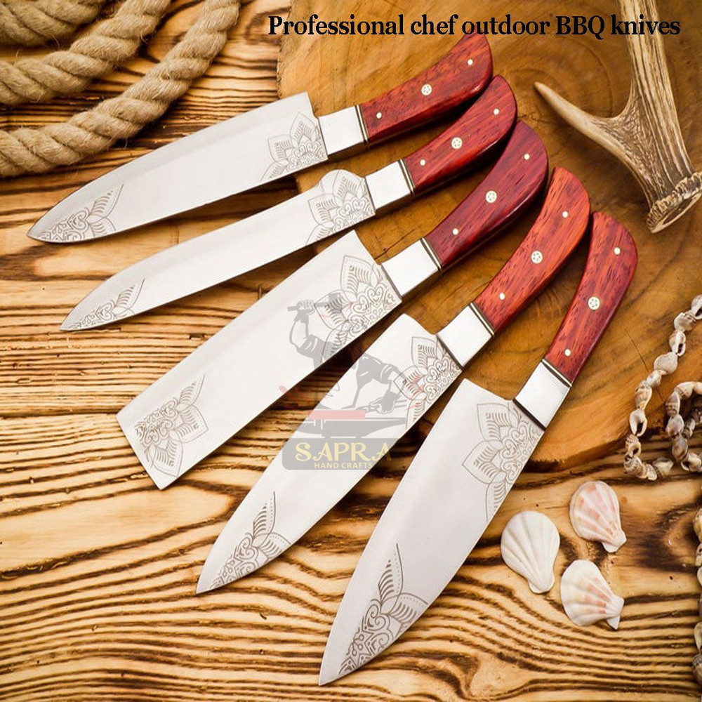 Handcrafted Forged J2 Steel Chef Knife Set  RustProof Full Tang Leather Roll Bag 6