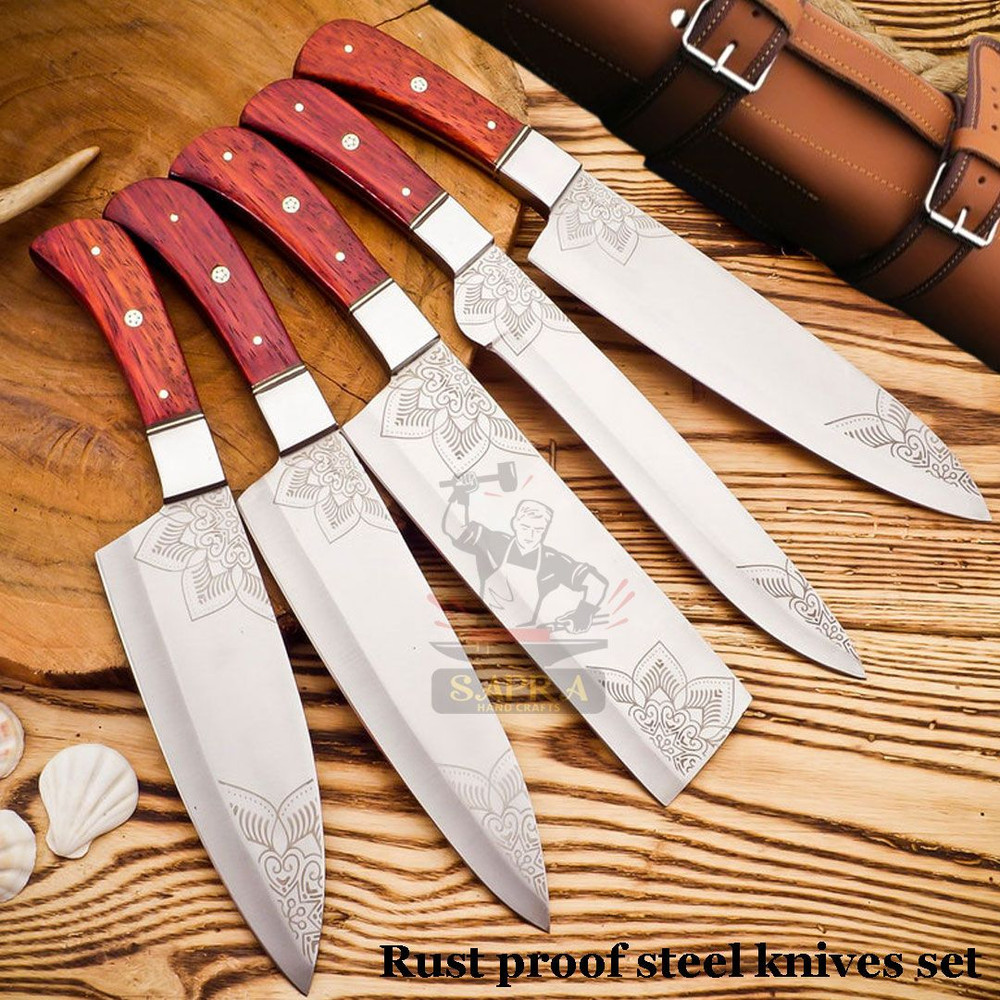 Handcrafted Forged J2 Steel Chef Knife Set  RustProof Full Tang Leather Roll Bag 2