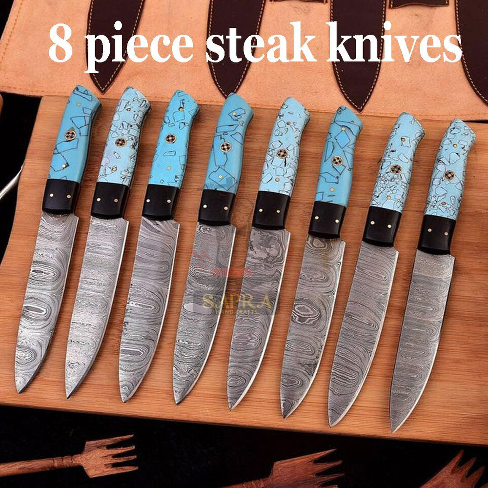 Forgeddamascussteelsteakknivesset8piecewithleatherrollbag 0