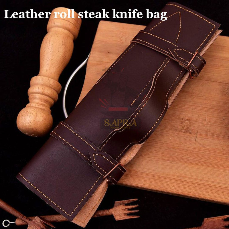 Forgeddamascussteelsteakknivesset8piecewithleatherrollbag 3