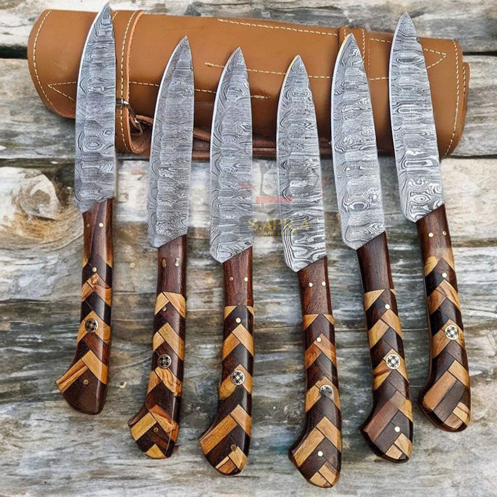 Handmadedamascussteakknives6pcsetwithrollbag 0