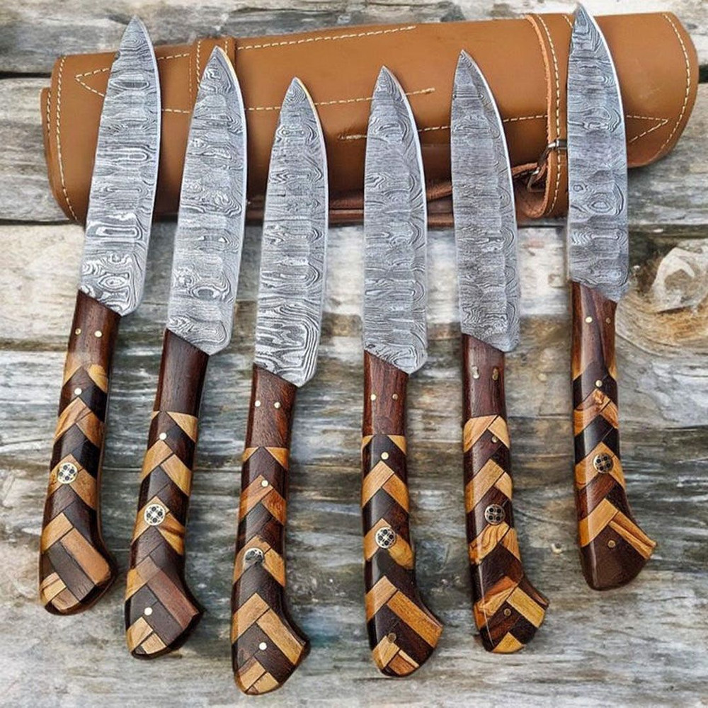 Handmadedamascussteakknives6pcsetwithrollbag 2