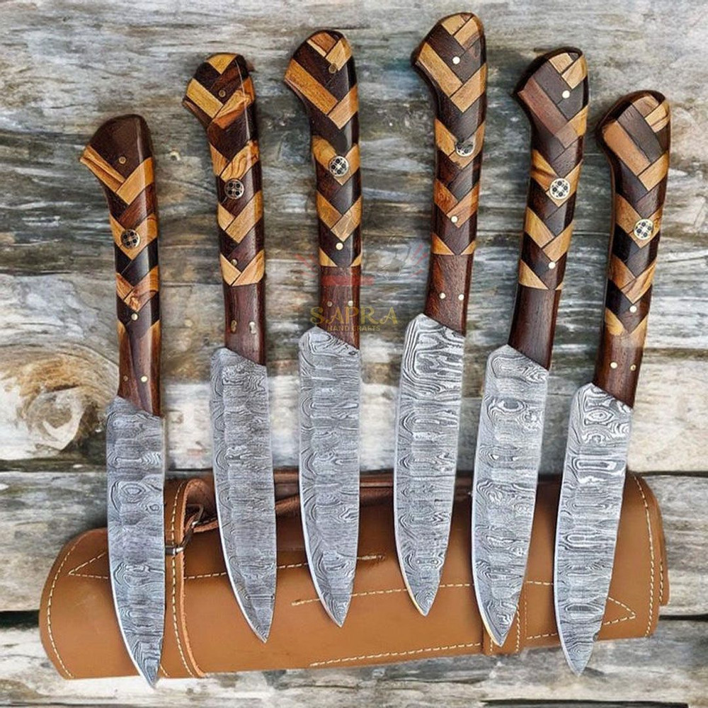 Handmadedamascussteakknives6pcsetwithrollbag 3