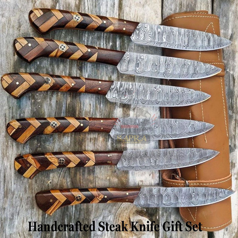 Handmadedamascussteakknives6pcsetwithrollbag 4
