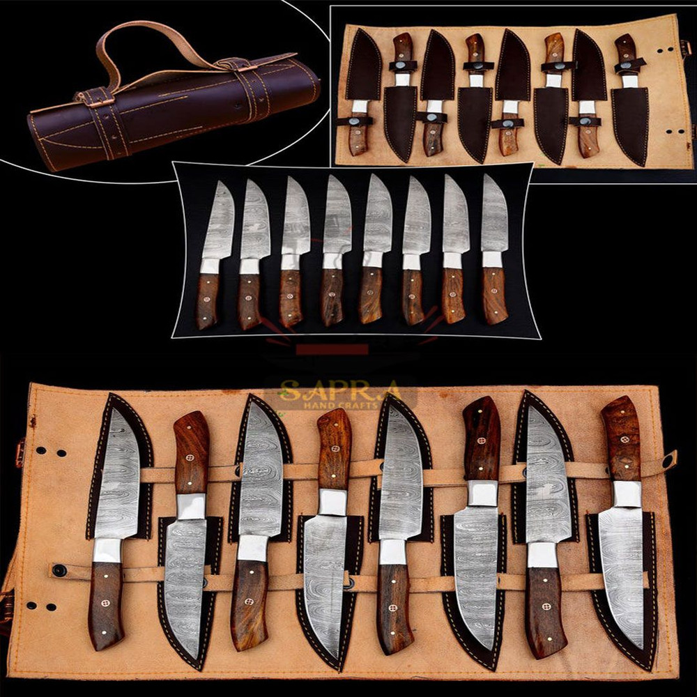 Forgeddamascussteelsteakknivesset8piecewithrollbag 1