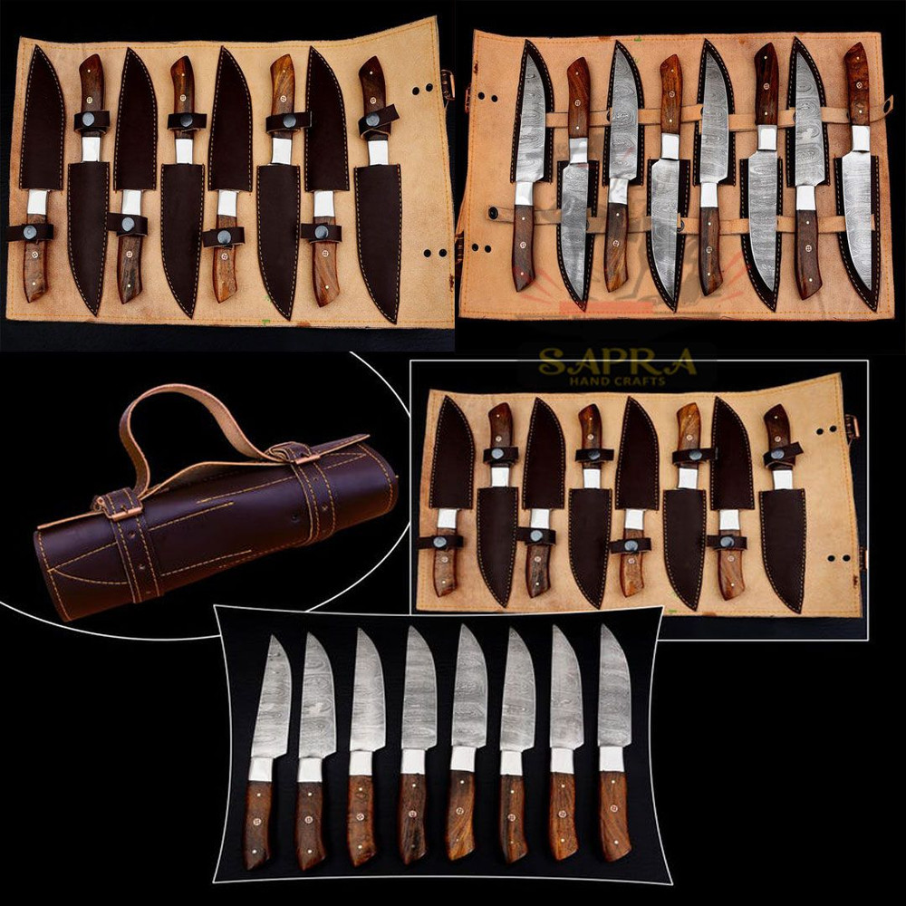Forgeddamascussteelsteakknivesset8piecewithrollbag 0