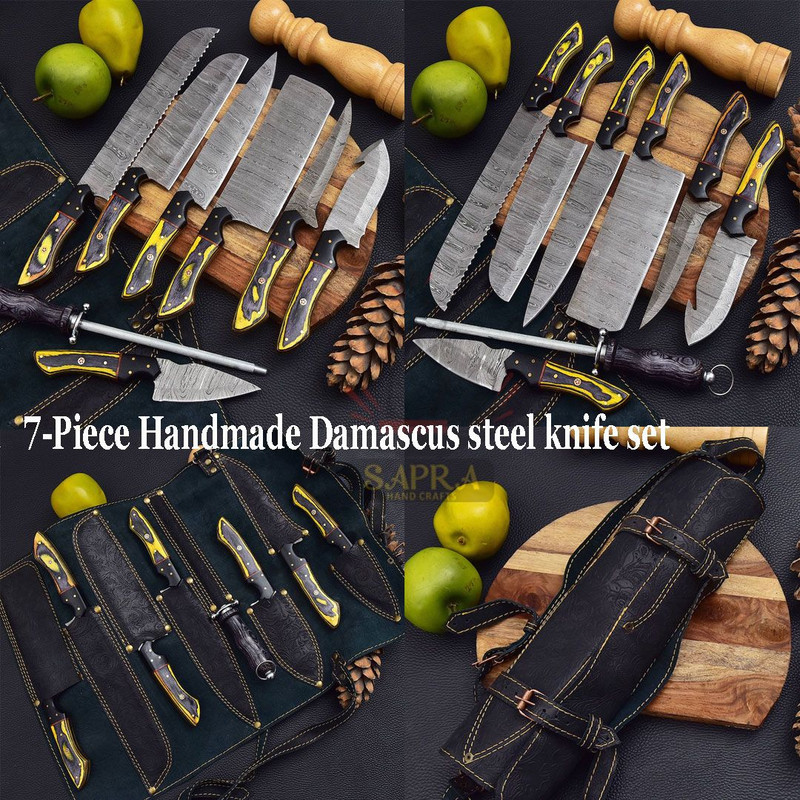 Handmadedamascuschefknifeset7piecewithleatherbag 0