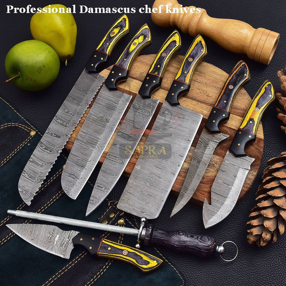 Handmadedamascuschefknifeset7piecewithleatherbag 4