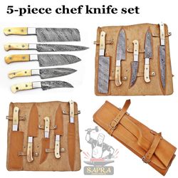 handcrafted damascus steel chef knife set 5 piece with roll bag
