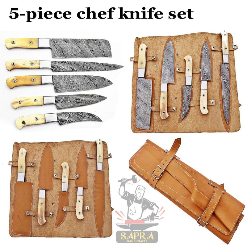 Handcrafted Damascus Steel Chef Knife Set 5 Piece With Roll Bag 0